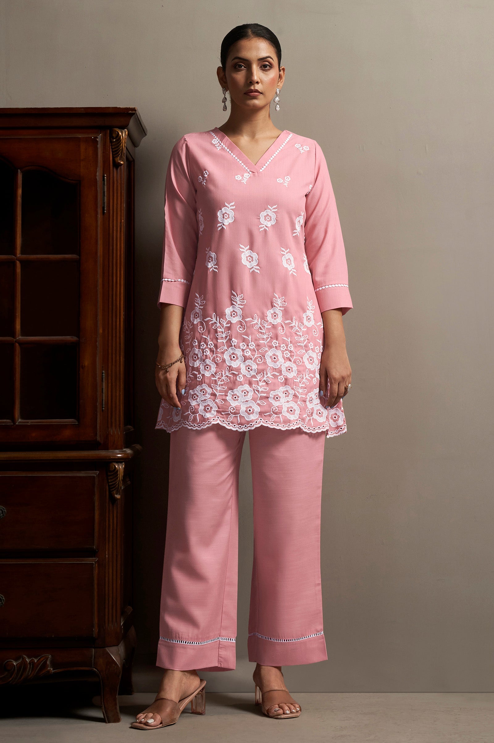 Schiffli Embroidered Co-ord Set - Pink