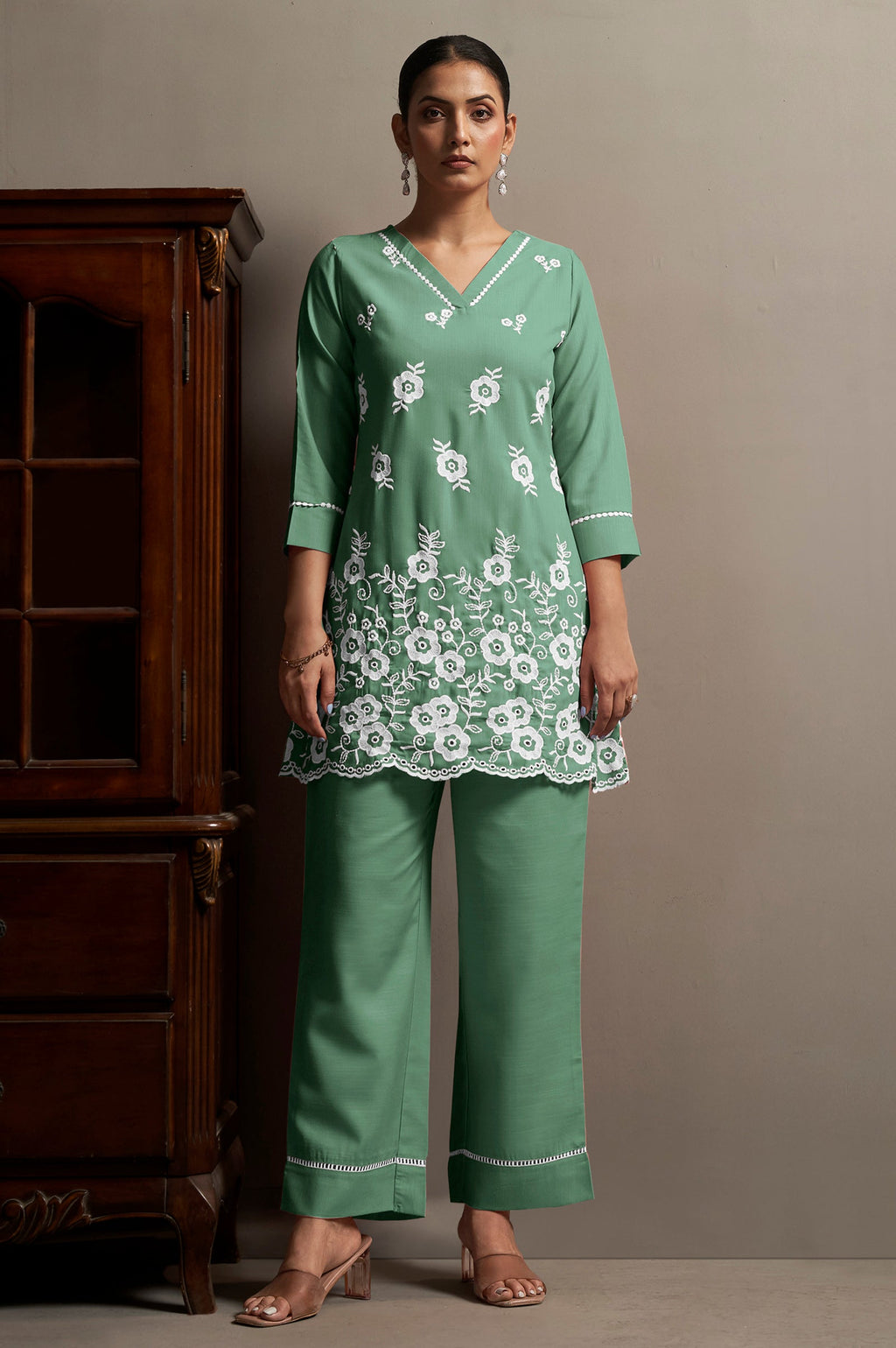 Schiffli Embroidered Co-ord Set - Green