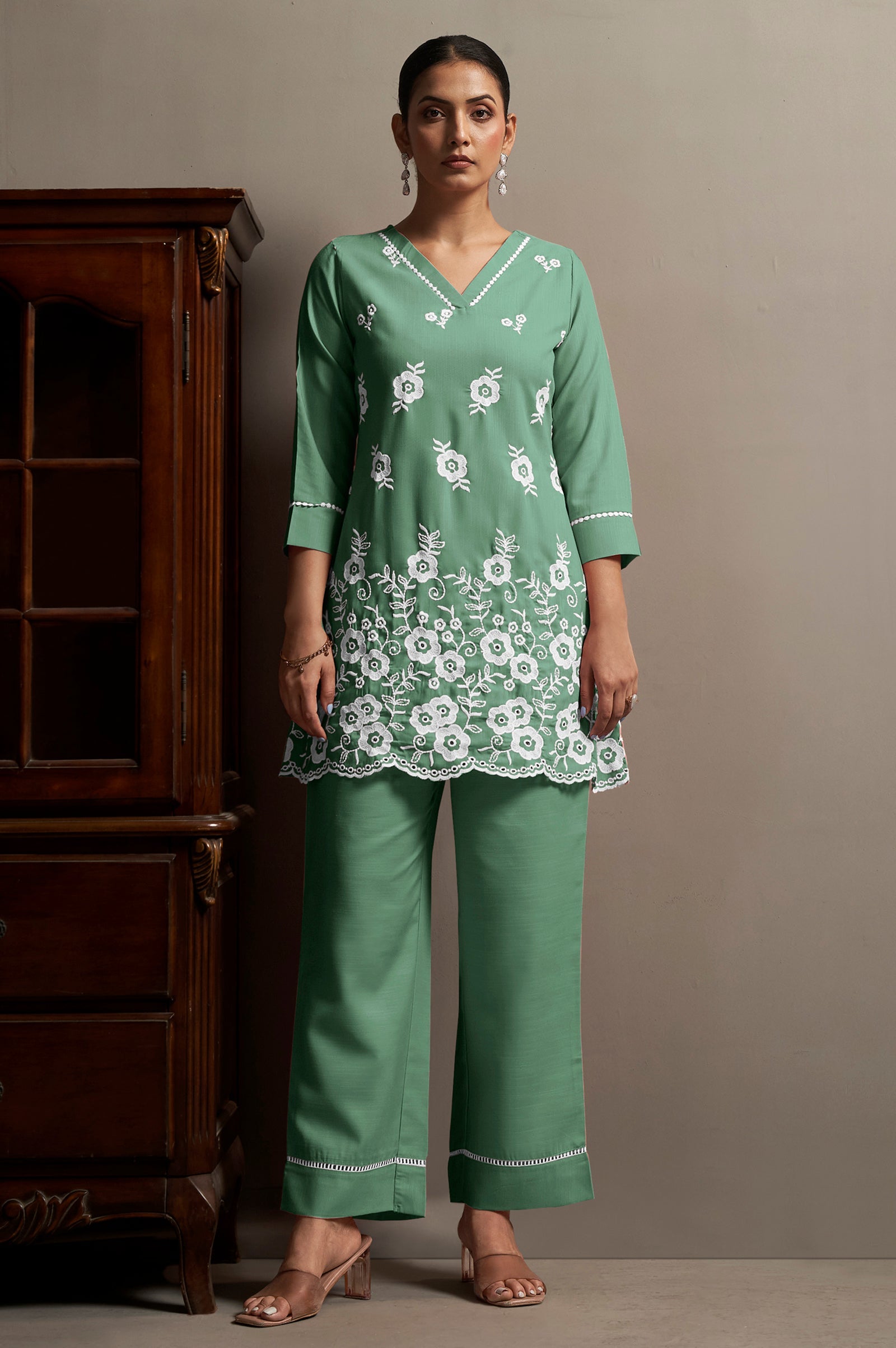 Schiffli Embroidered Co-ord Set - Green