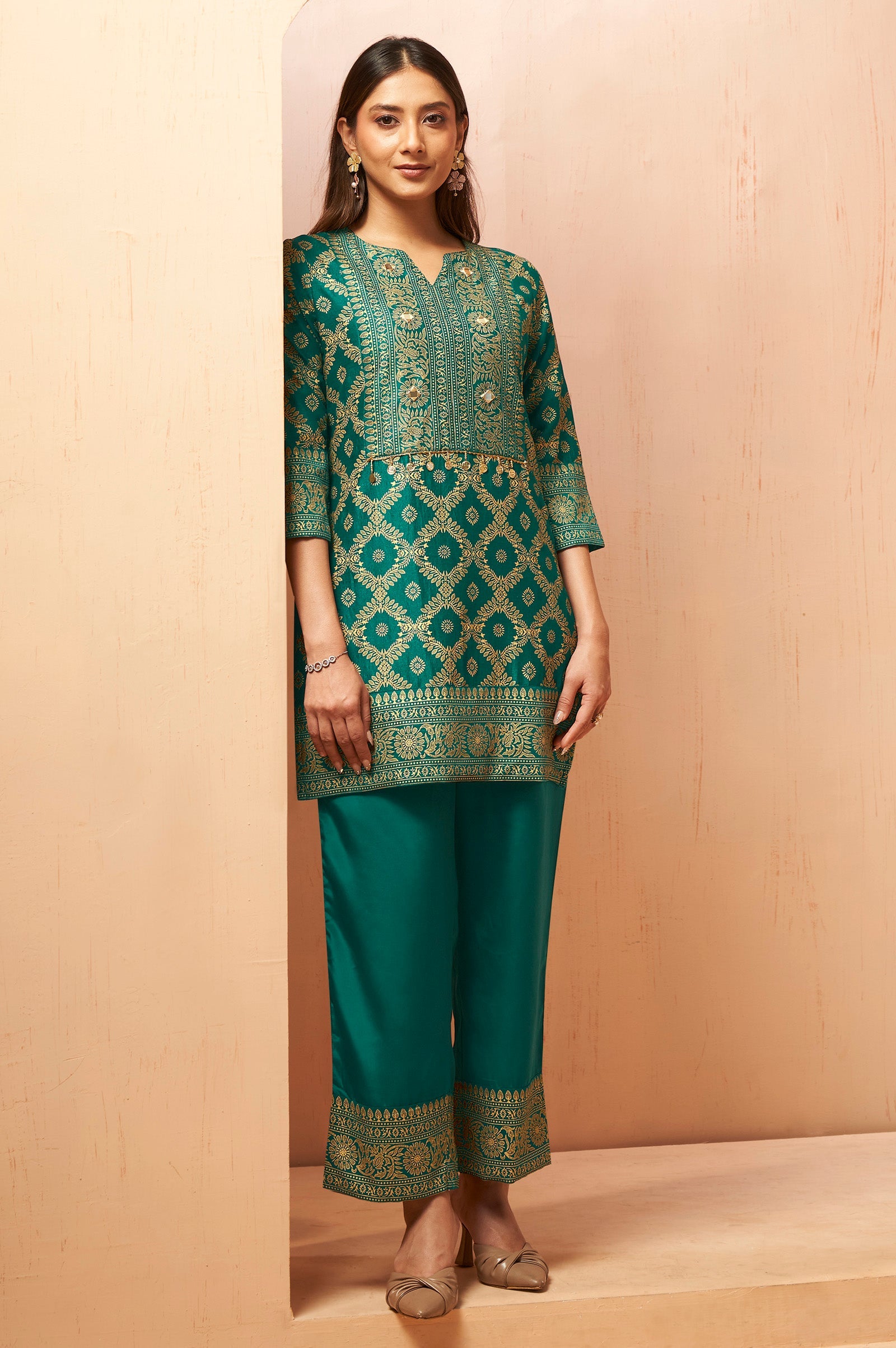 Rama Green Jacquard Vichitra Silk Co-ord Set