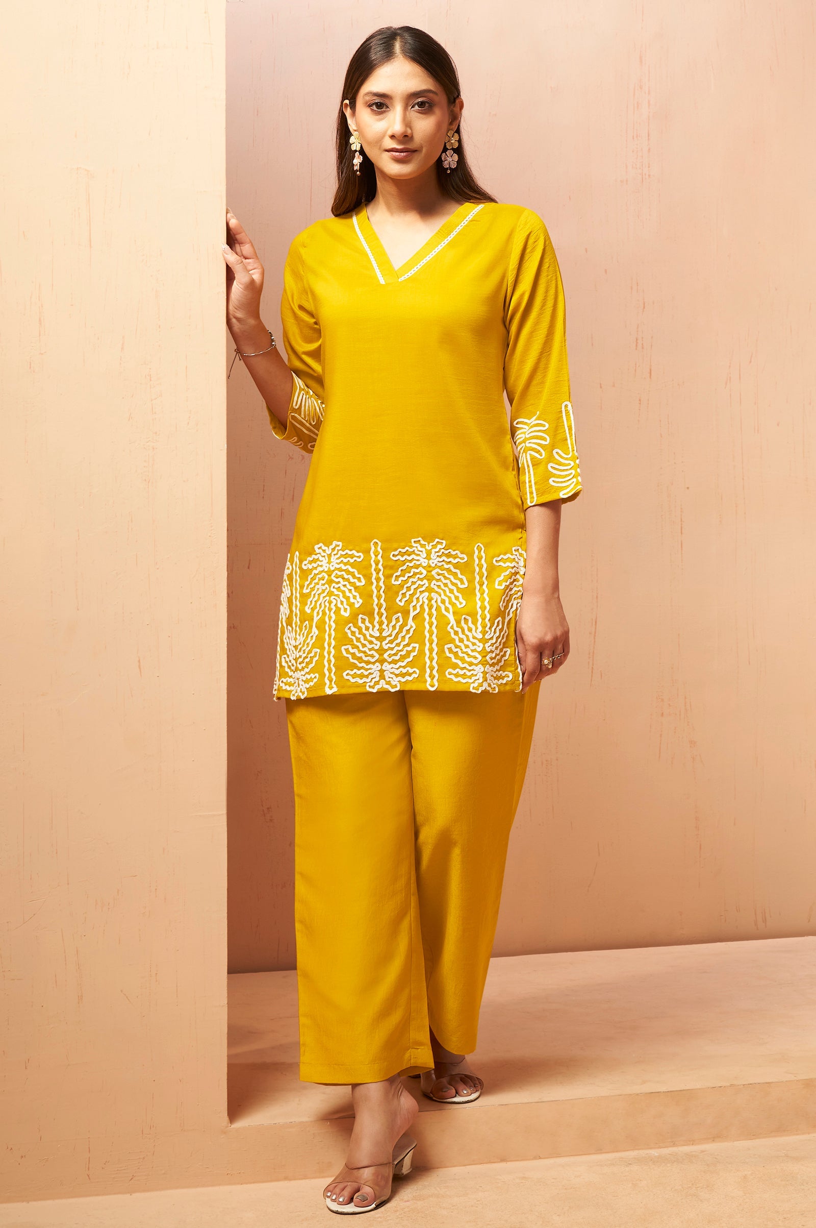 Mustard Embroidered Cotton Blend Co-ord Set