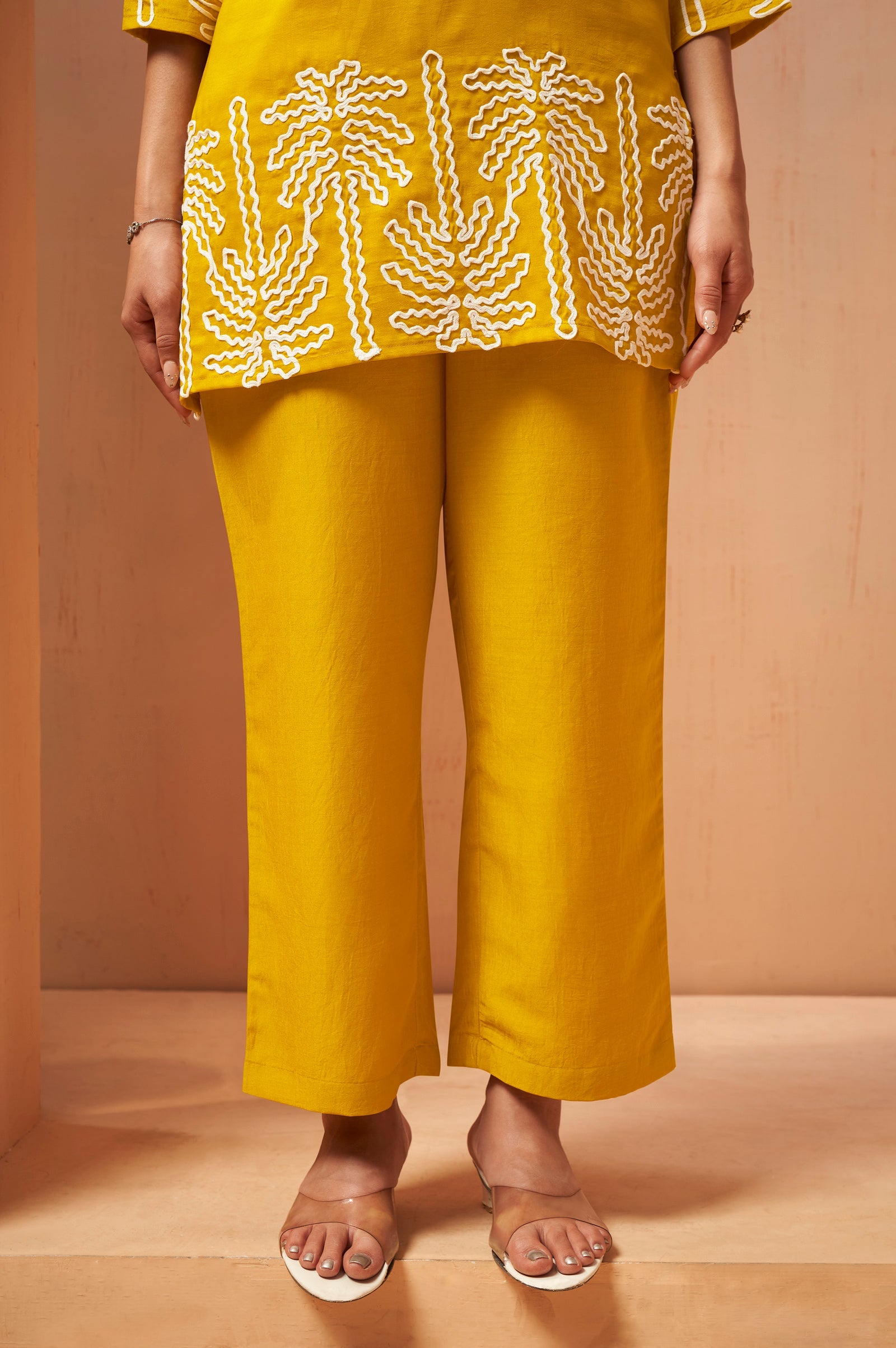 Mustard Embroidered Cotton Blend Co-ord Set
