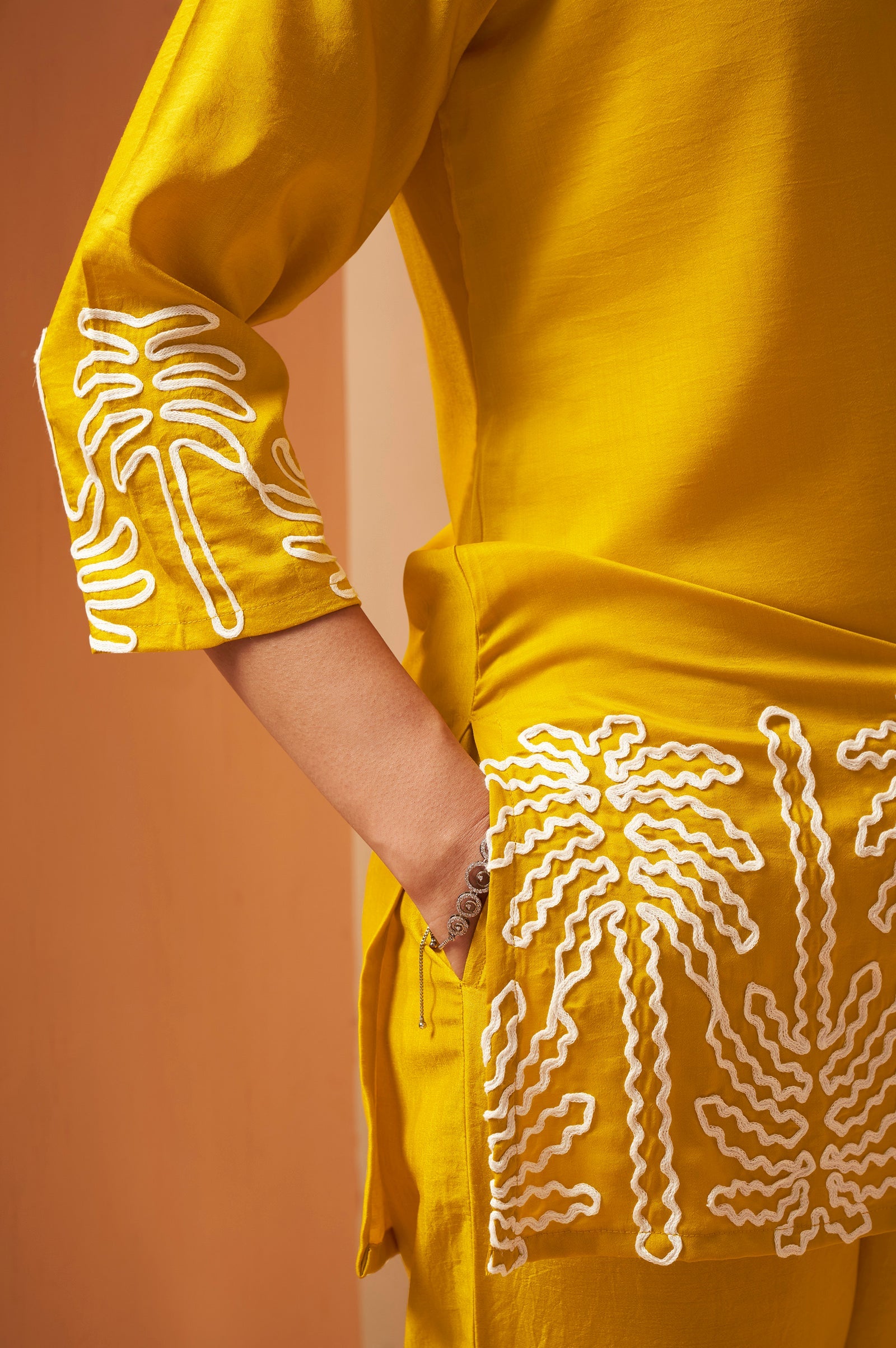 Mustard Embroidered Cotton Blend Co-ord Set