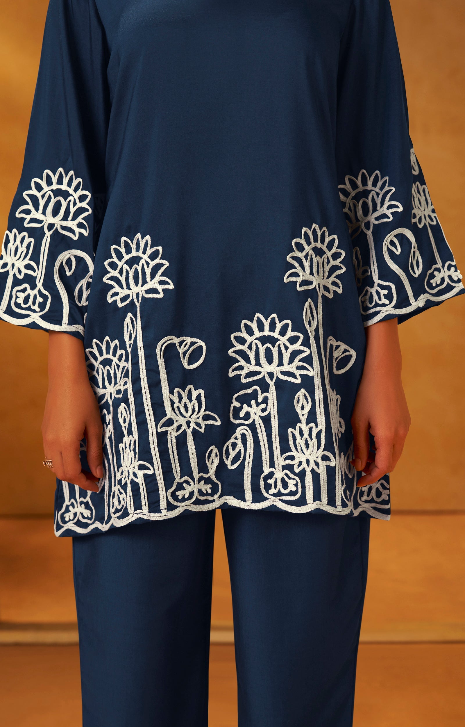 Embroidered Kurta Co-ord Set - Navy Blue