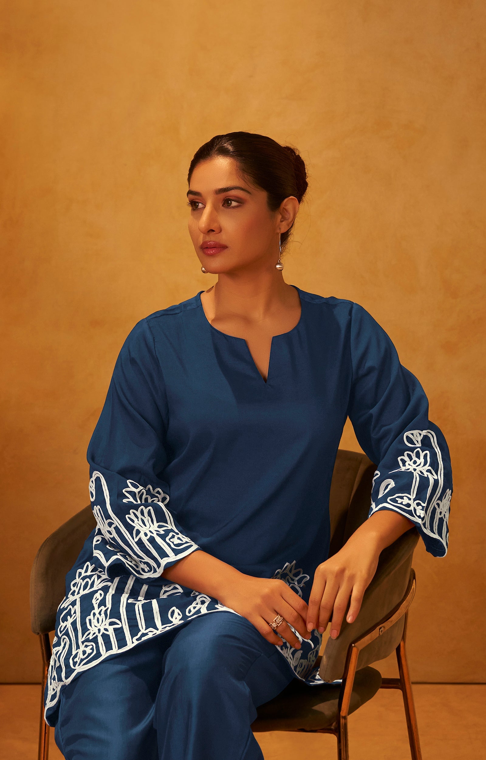 Embroidered Kurta Co-ord Set - Navy Blue