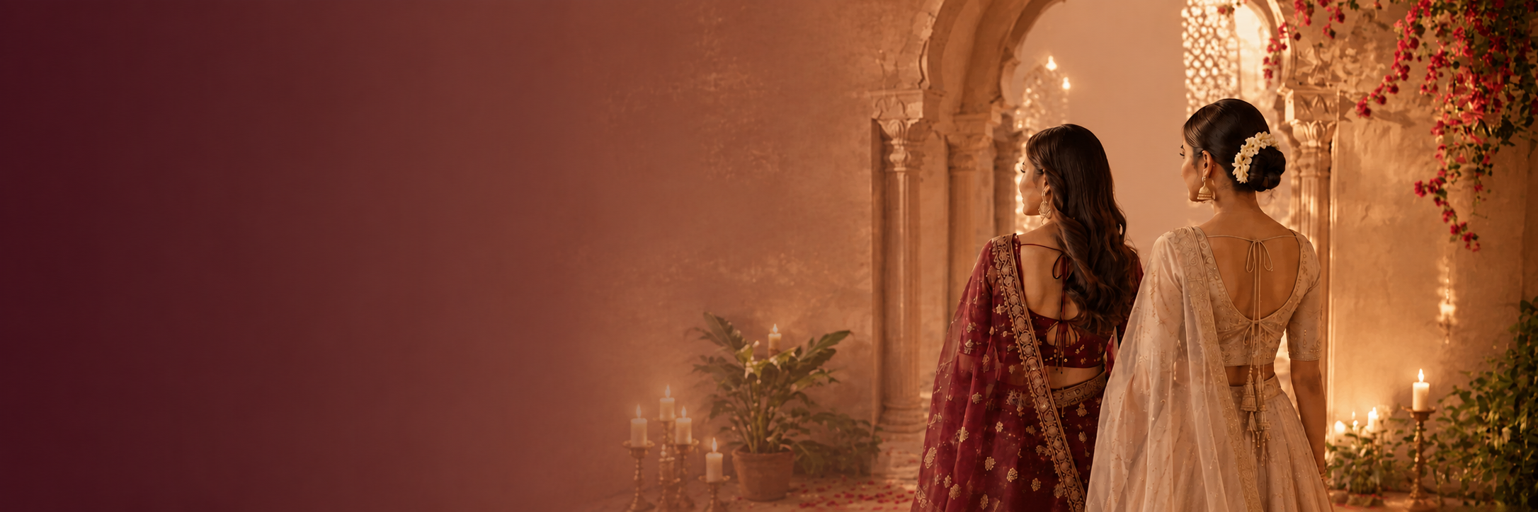 Two women in traditional attire standing in a warmly lit, decorated indoor setting.