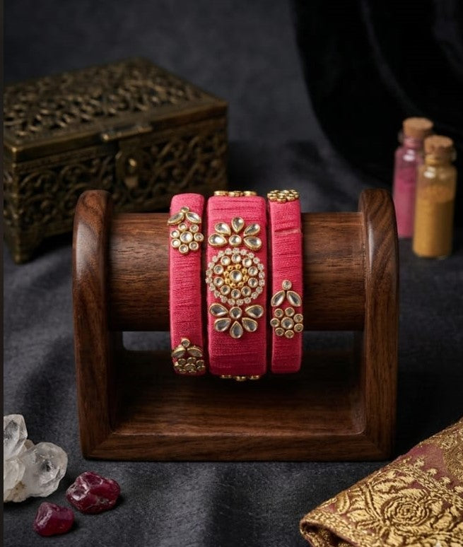 Kashvee Special Customised Thread Kundan Bangles Set of 3 – Handmade Ethnic Designer Bangles for Women