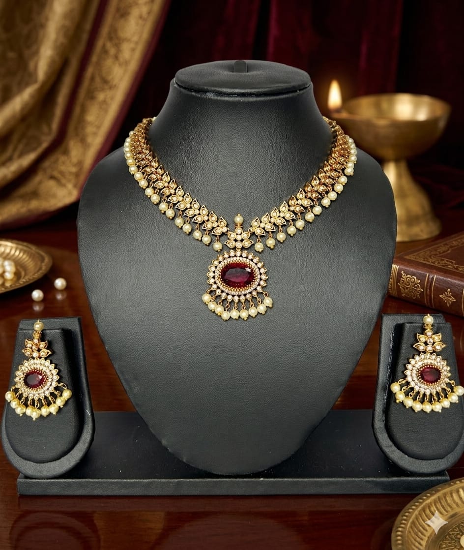 Gold necklace with red gemstones on a black stand, surrounded by similar jewelry and decorative items.