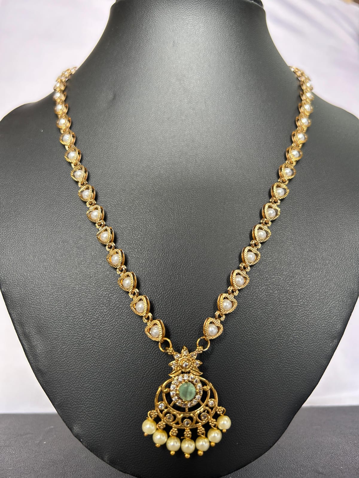 Gold Plated Pearl Necklace with Green Kundan Pendant