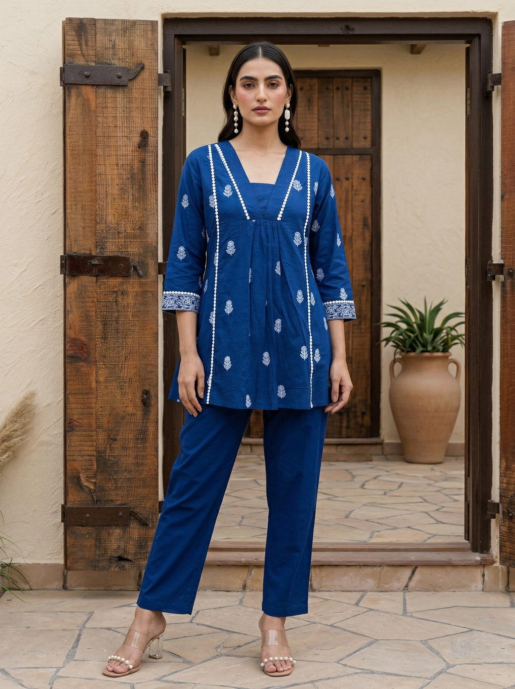 Pure Cotton Embroidered Co-ord Set - Navy Blue