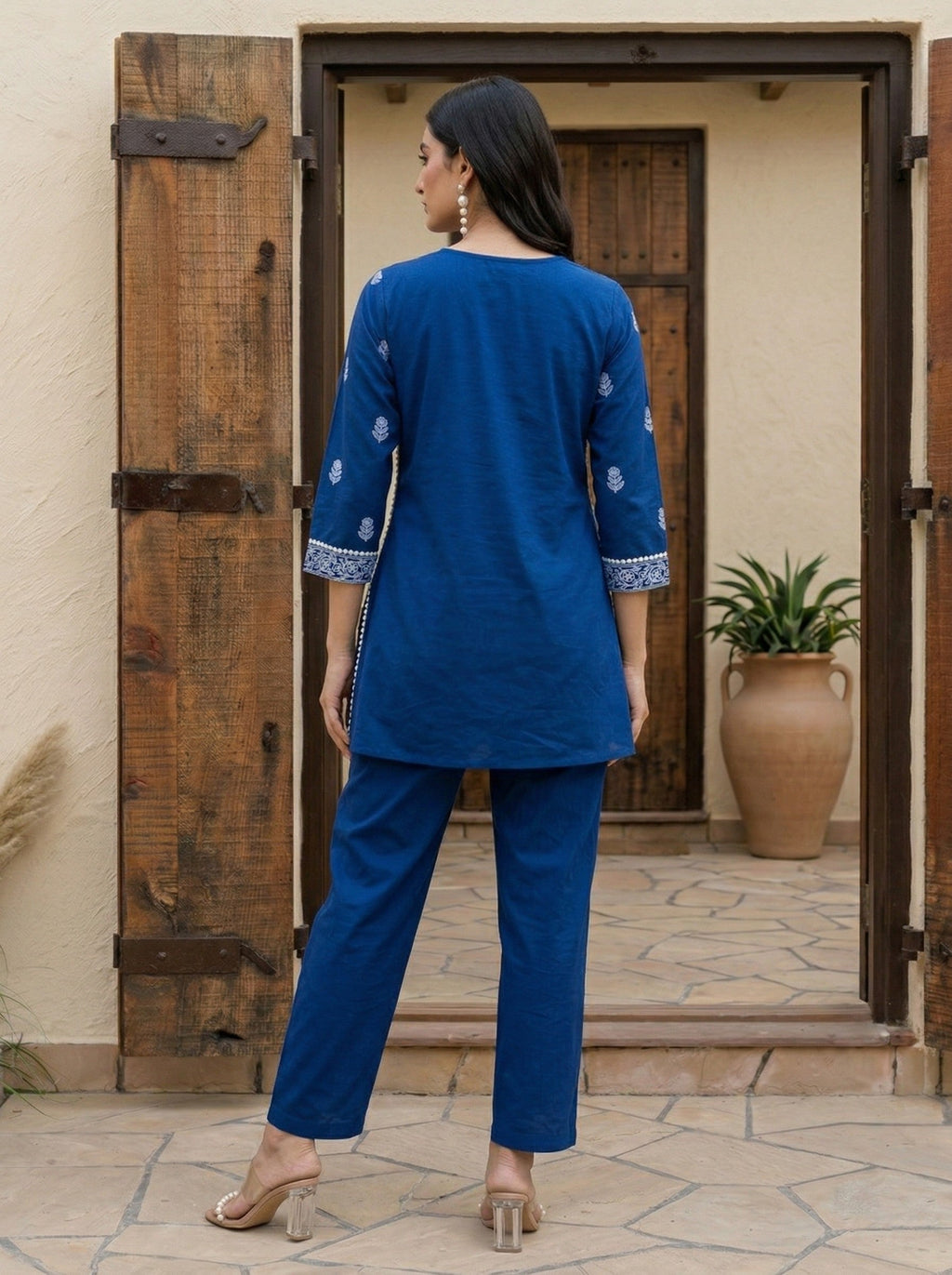 Pure Cotton Embroidered Co-ord Set - Navy Blue