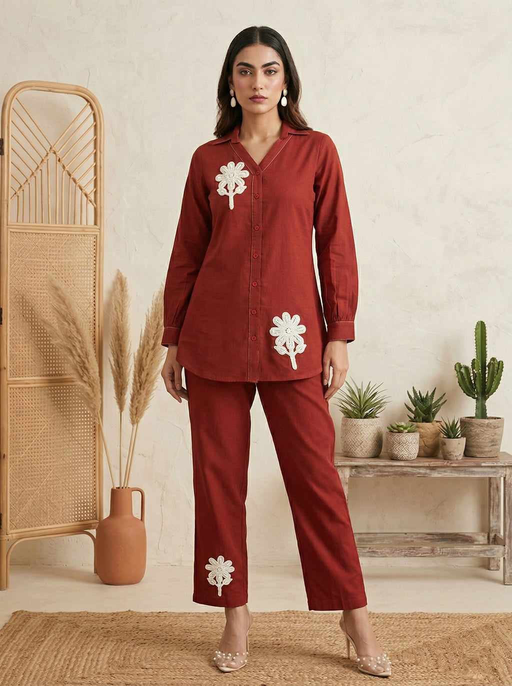 Pure Cotton Embroidered Butta Co-ord Set - Rust