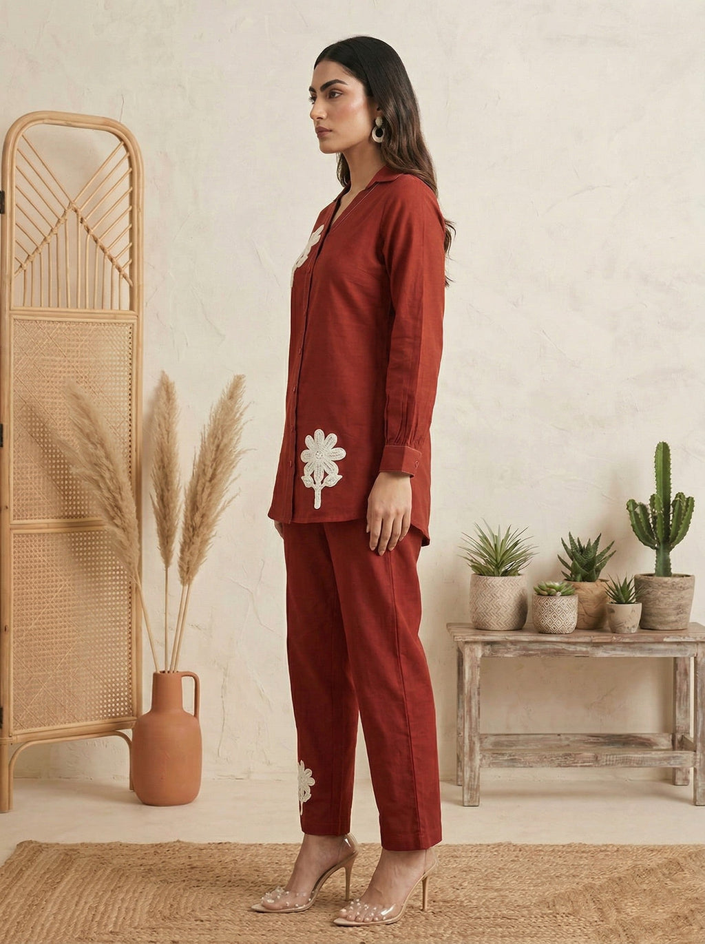 Pure Cotton Embroidered Butta Co-ord Set - Rust