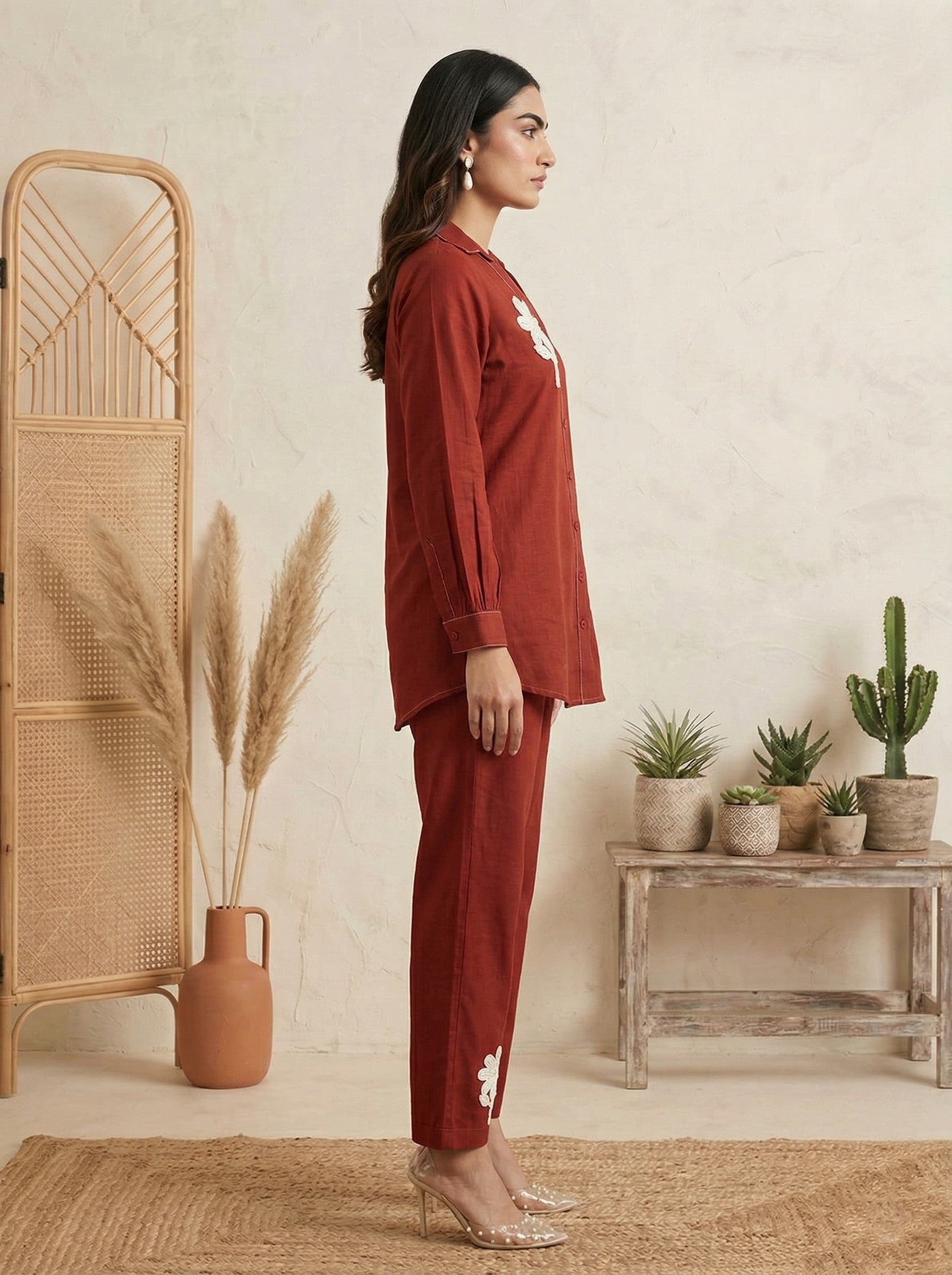 Pure Cotton Embroidered Butta Co-ord Set - Rust