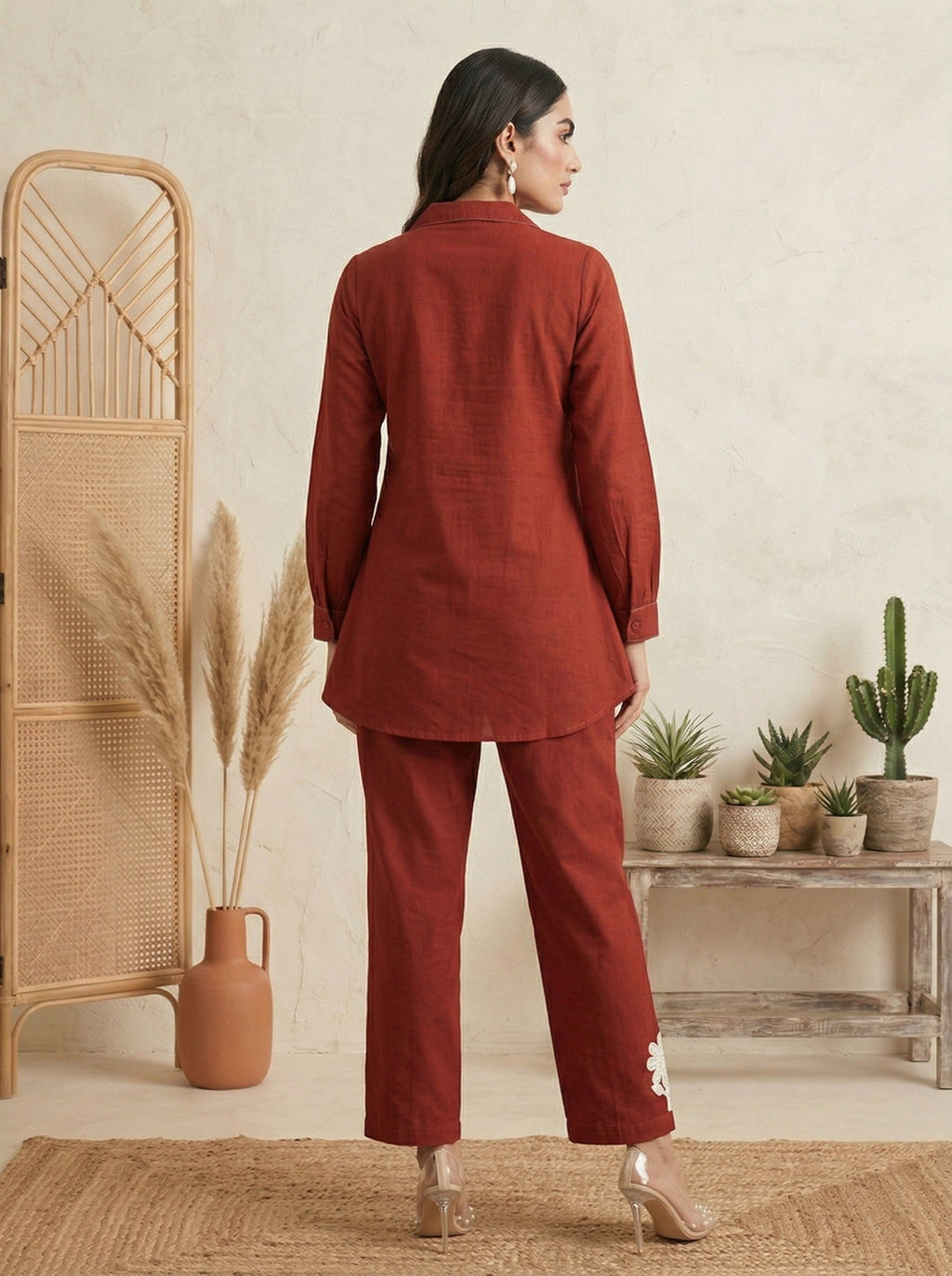 Pure Cotton Embroidered Butta Co-ord Set - Rust