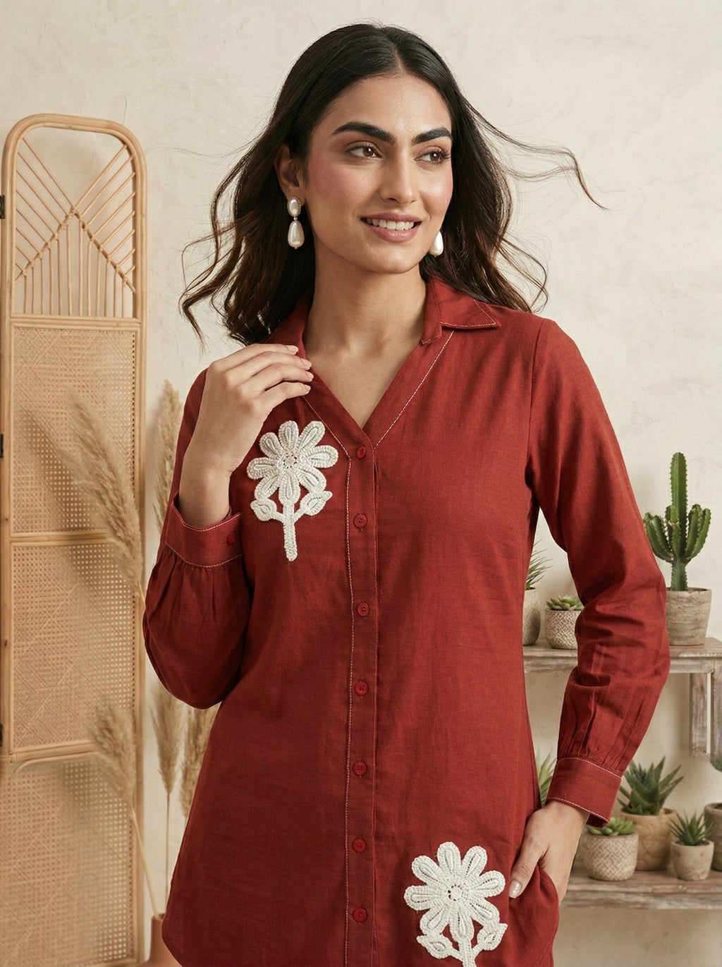 Pure Cotton Embroidered Butta Co-ord Set - Rust
