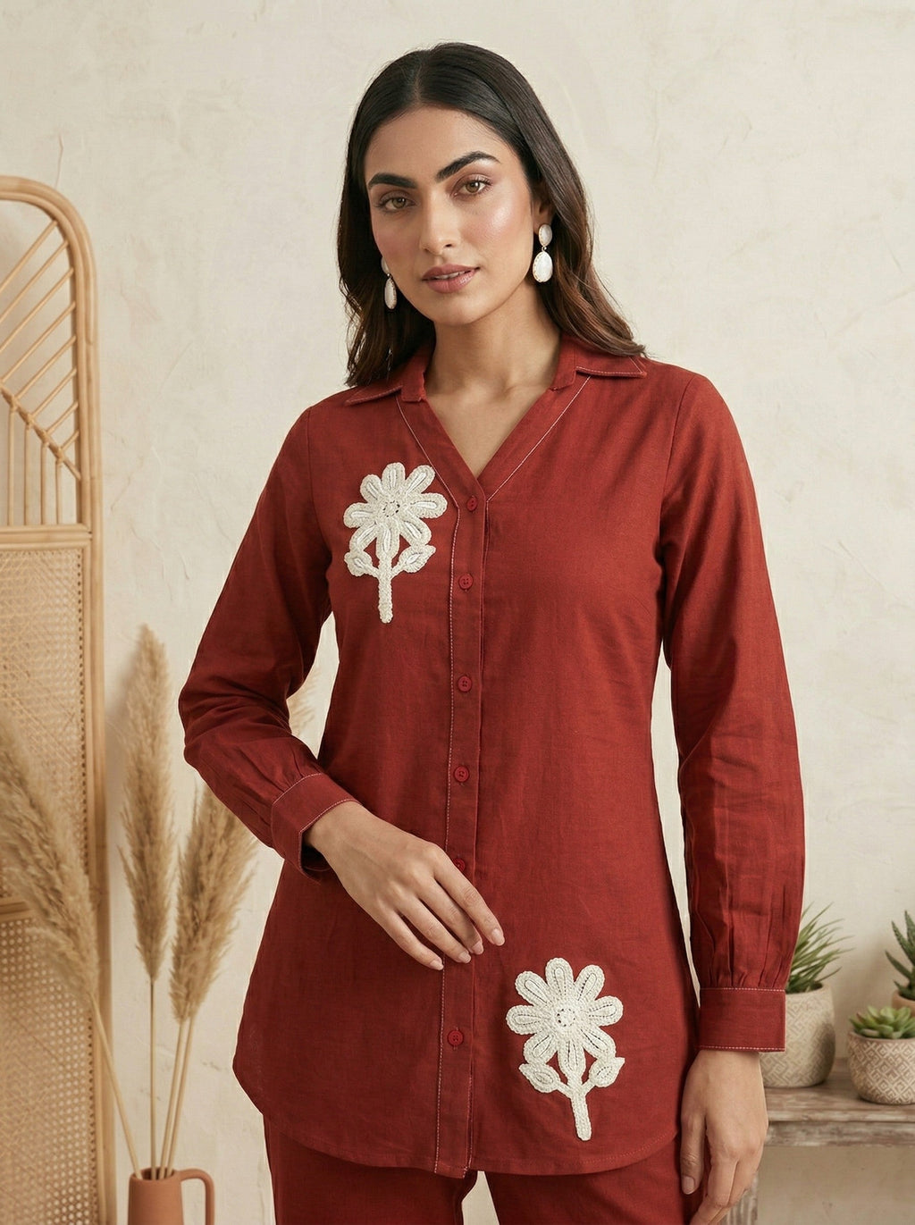 Pure Cotton Embroidered Butta Co-ord Set - Rust