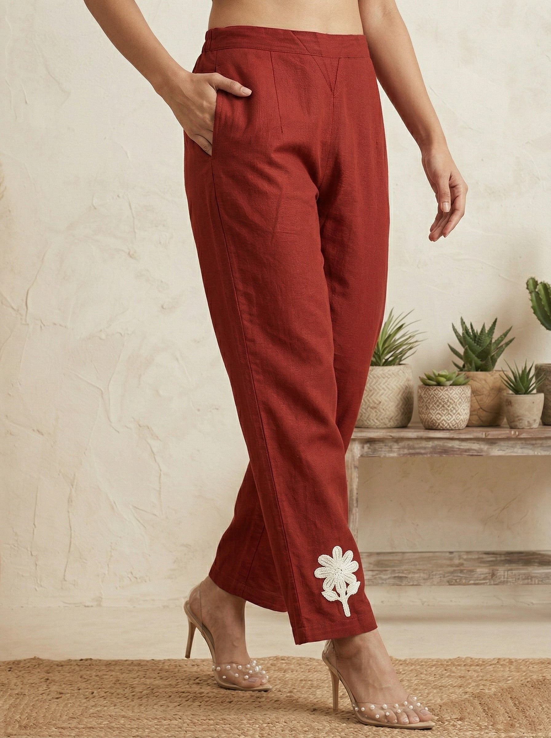 Pure Cotton Embroidered Butta Co-ord Set - Rust