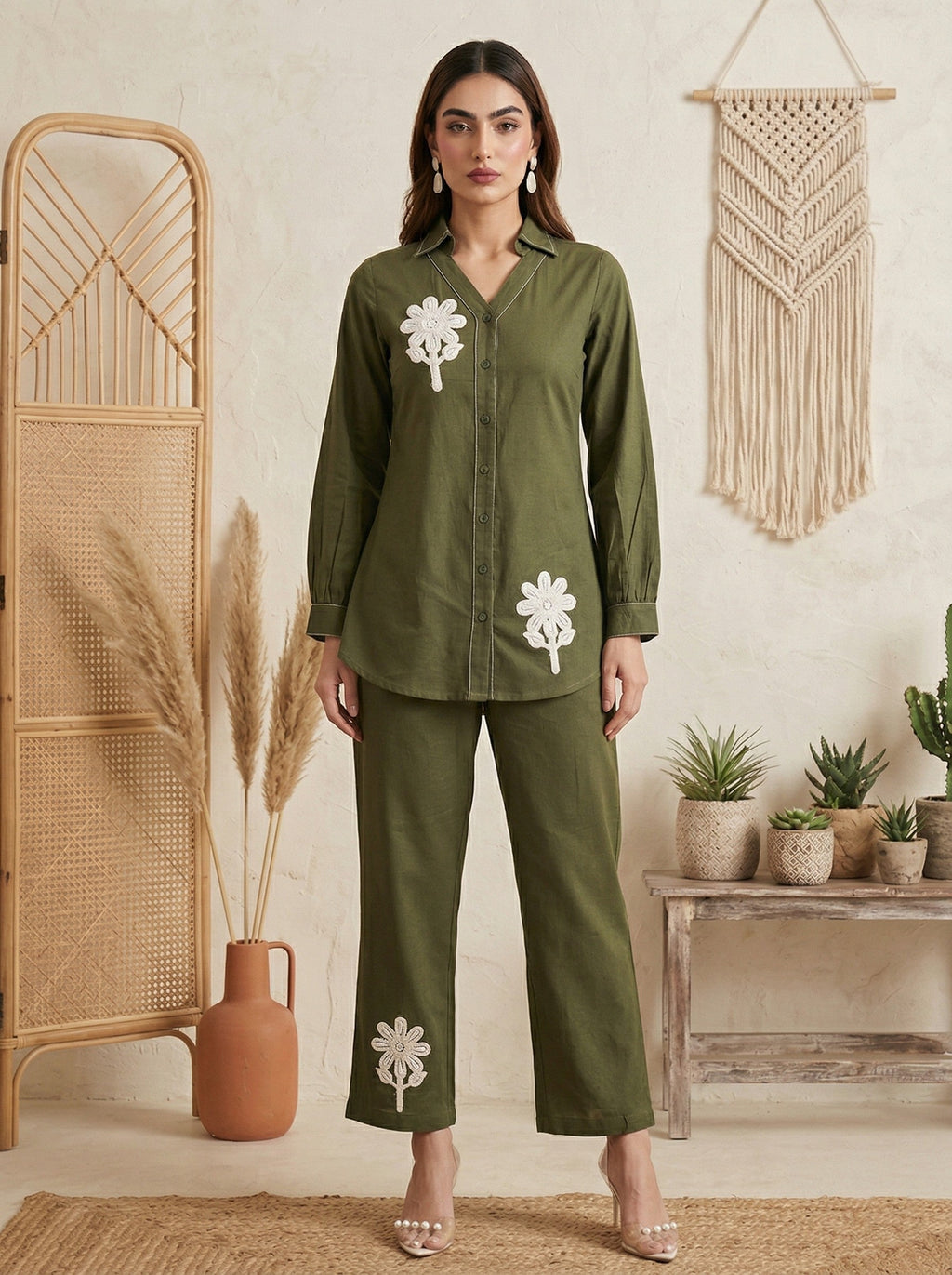 Pure Cotton Embroidered Butta Co-ord Set - Green