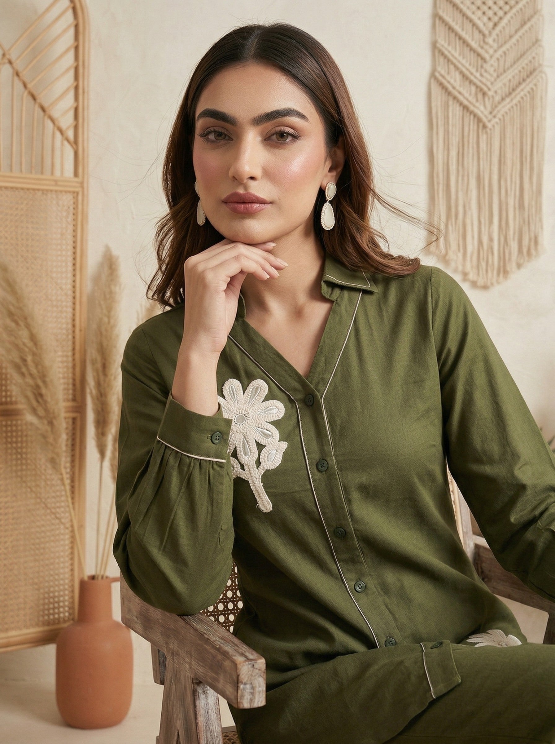 Pure Cotton Embroidered Butta Co-ord Set - Green