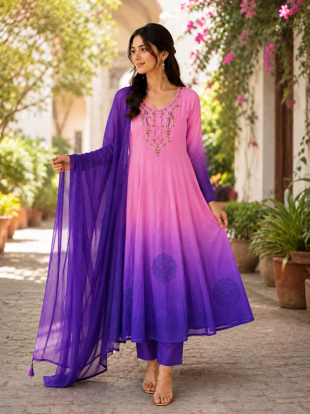 Woman wearing a purple and pink gradient dress with floral decorations in an outdoor setting.