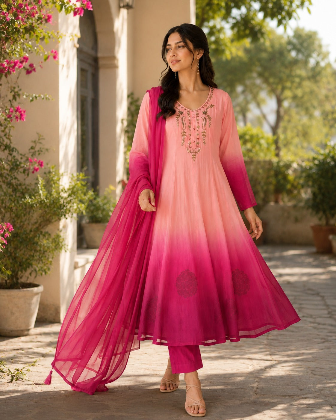 Woman wearing a pink and red traditional outfit with a gradient effect, standing outdoors.