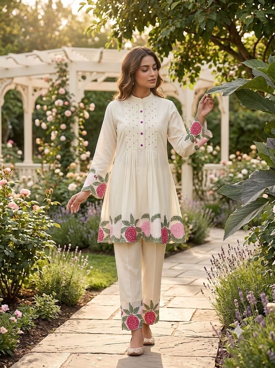 Woman in a cream-colored traditional outfit with floral embroidery walking through a garden.