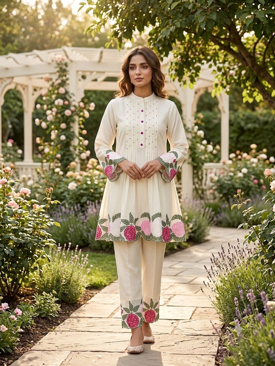 Woman in a cream embroidered outfit standing in a garden with flowers and a gazebo.