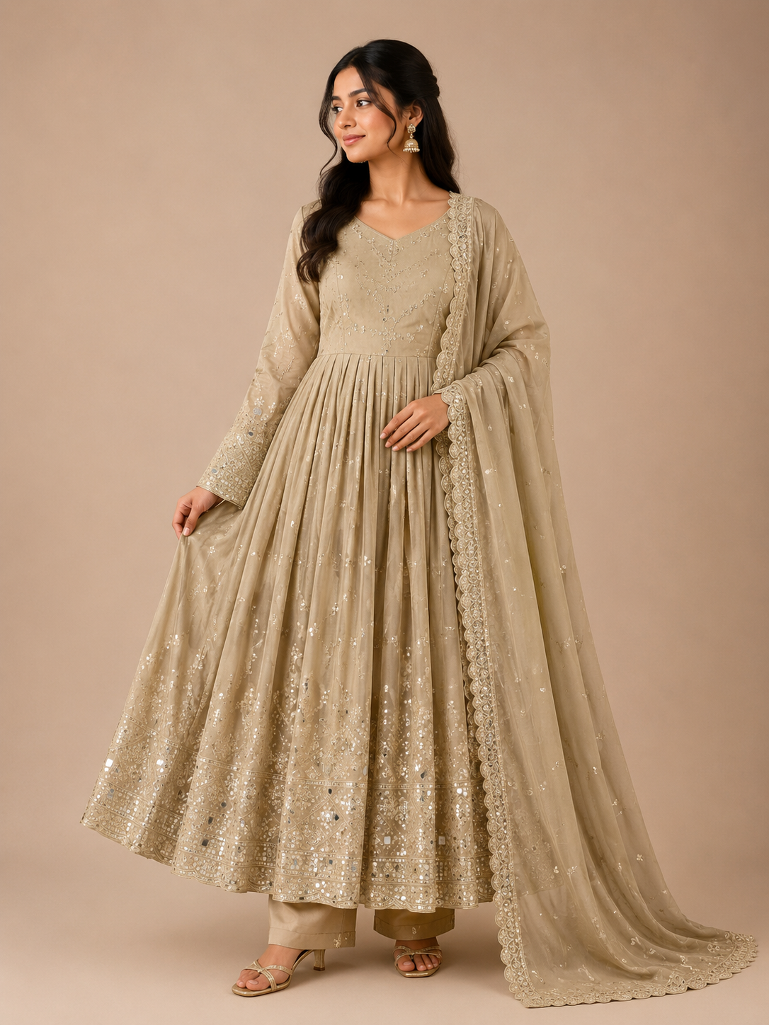 Women's Premium Heavy Chinon Silk Embroidered Anarkali Gown Set with Pant & Dupatta
