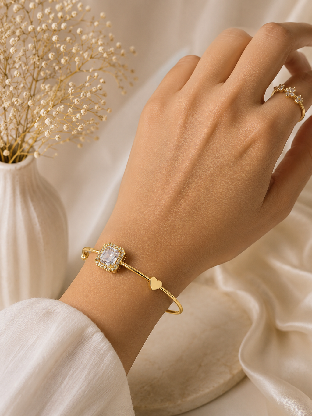 Gold-Plated Adjustable Heart Charm Bracelet with Princess Cut Crystal