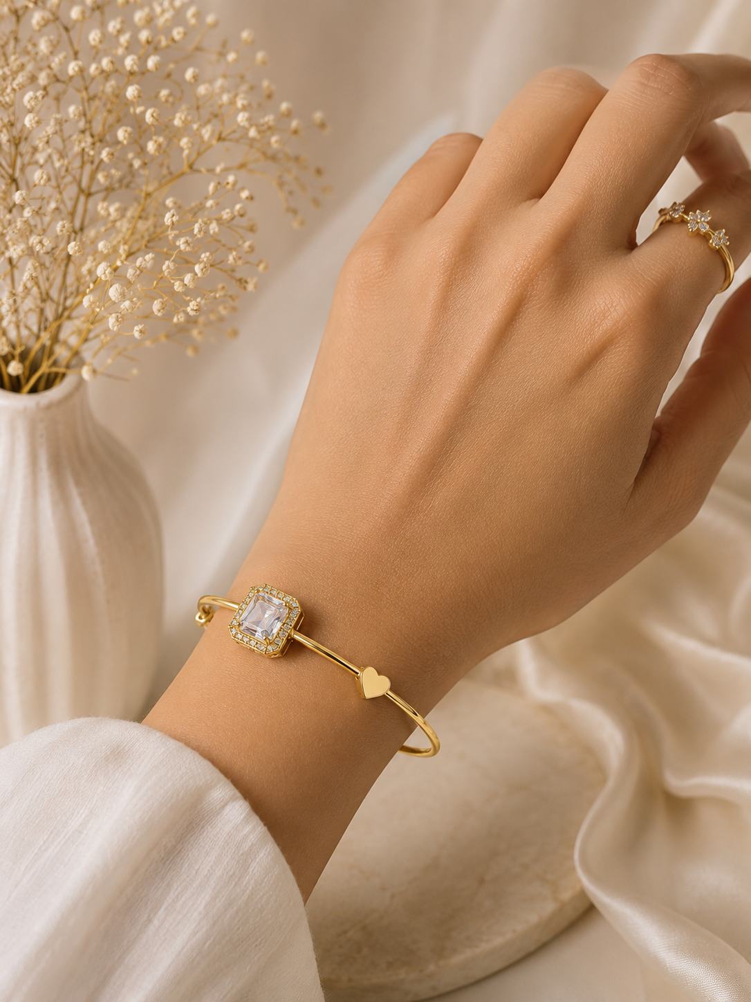 Gold-Plated Adjustable Heart Charm Bracelet with Princess Cut Crystal