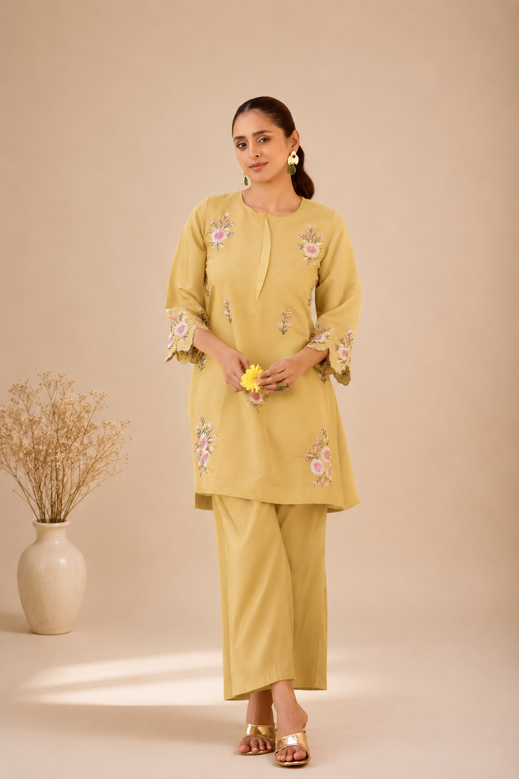 Embroidered Roman Silk Flared Co-Ord Set