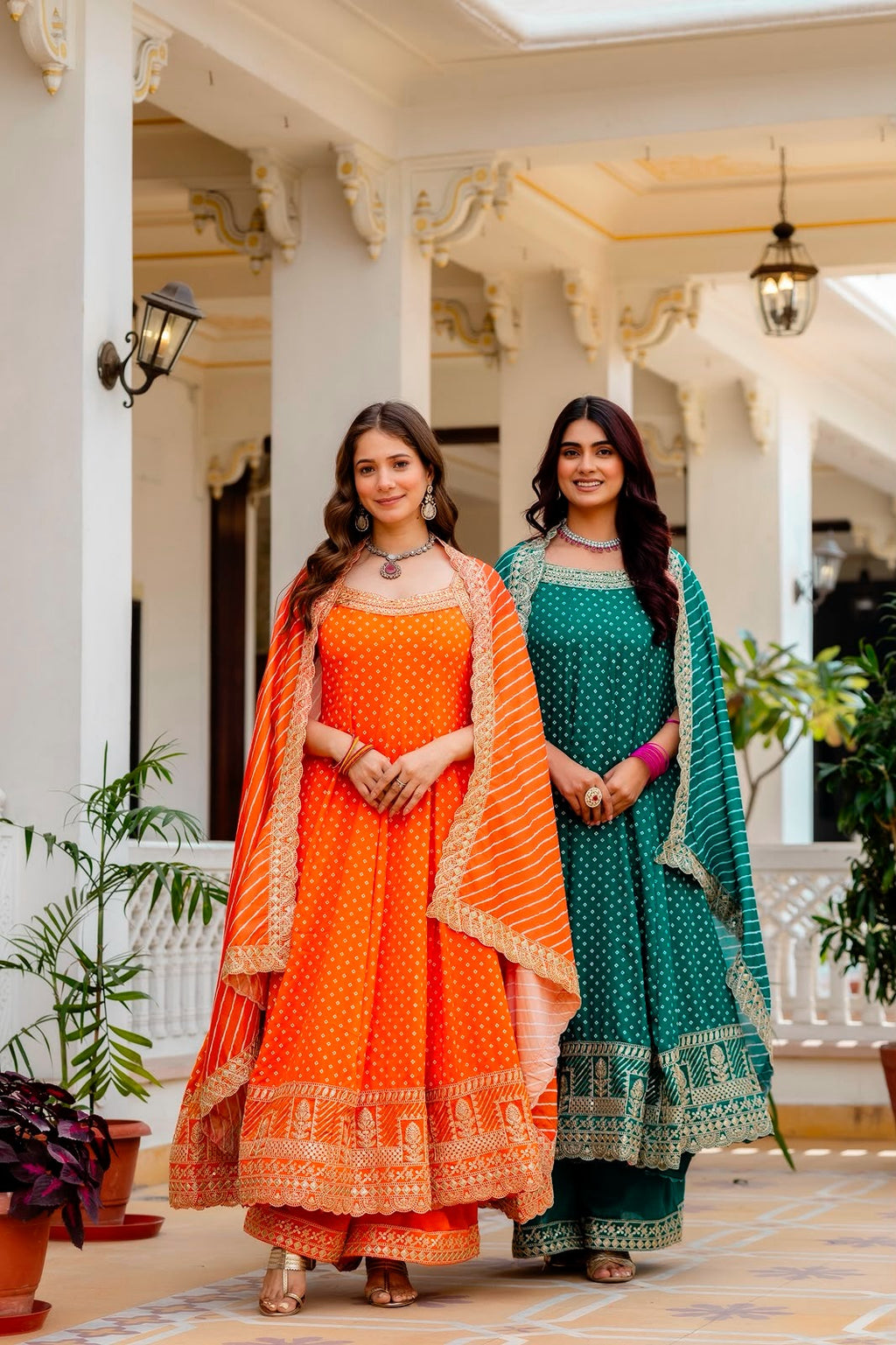 Rakshabandhan Special Bandhani Vichitra Silk Anarkali Gown with Palazzo & Leheriya Dupatta