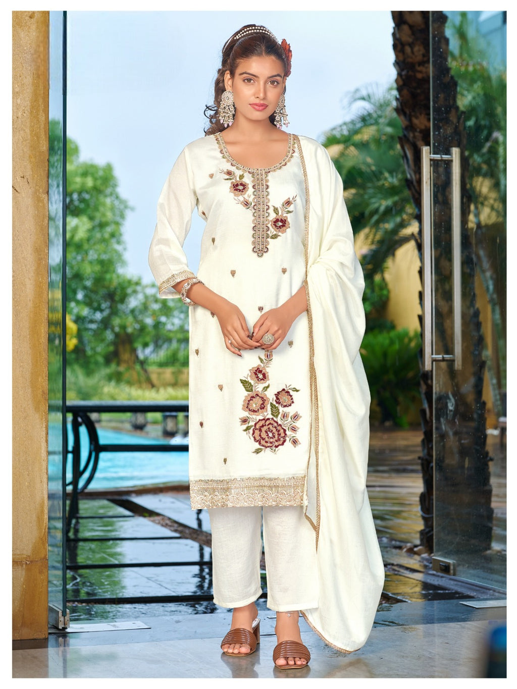 Premium Blooming Vichitra Silk Embroidered Kurti Pant & Dupatta Set