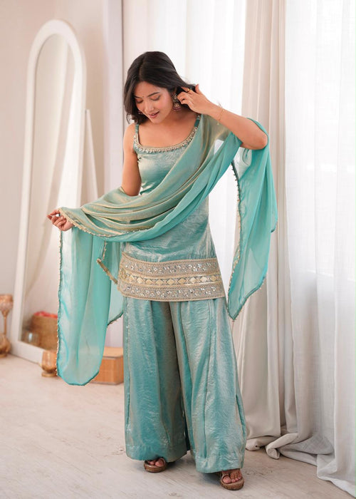 Aqua Blue Doremon Crush Mirror Work Top Palazzo Dupatta Set for Women