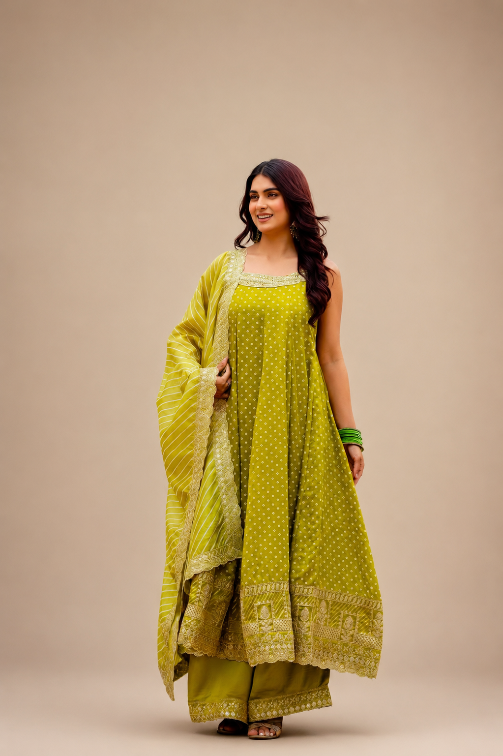 Rakshabandhan Special Bandhani Vichitra Silk Anarkali Gown with Palazzo & Leheriya Dupatta