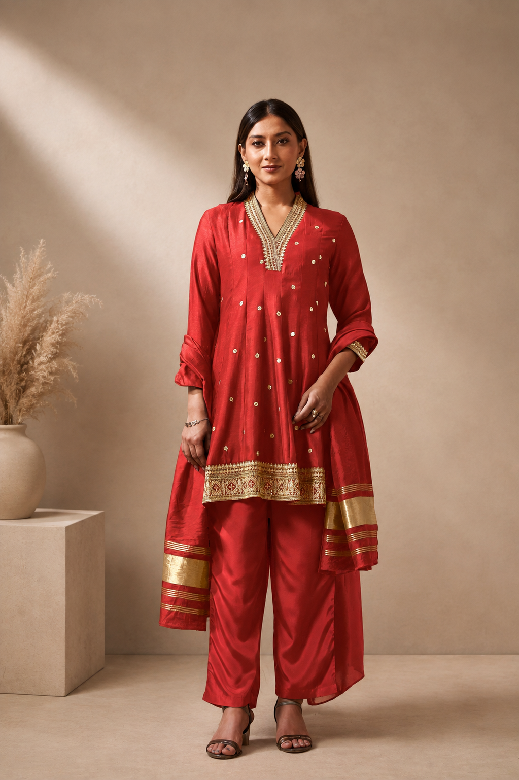 Vichitra Silk Embroidered Flared Kurta Set with Crepe Bottom & Dupatta
