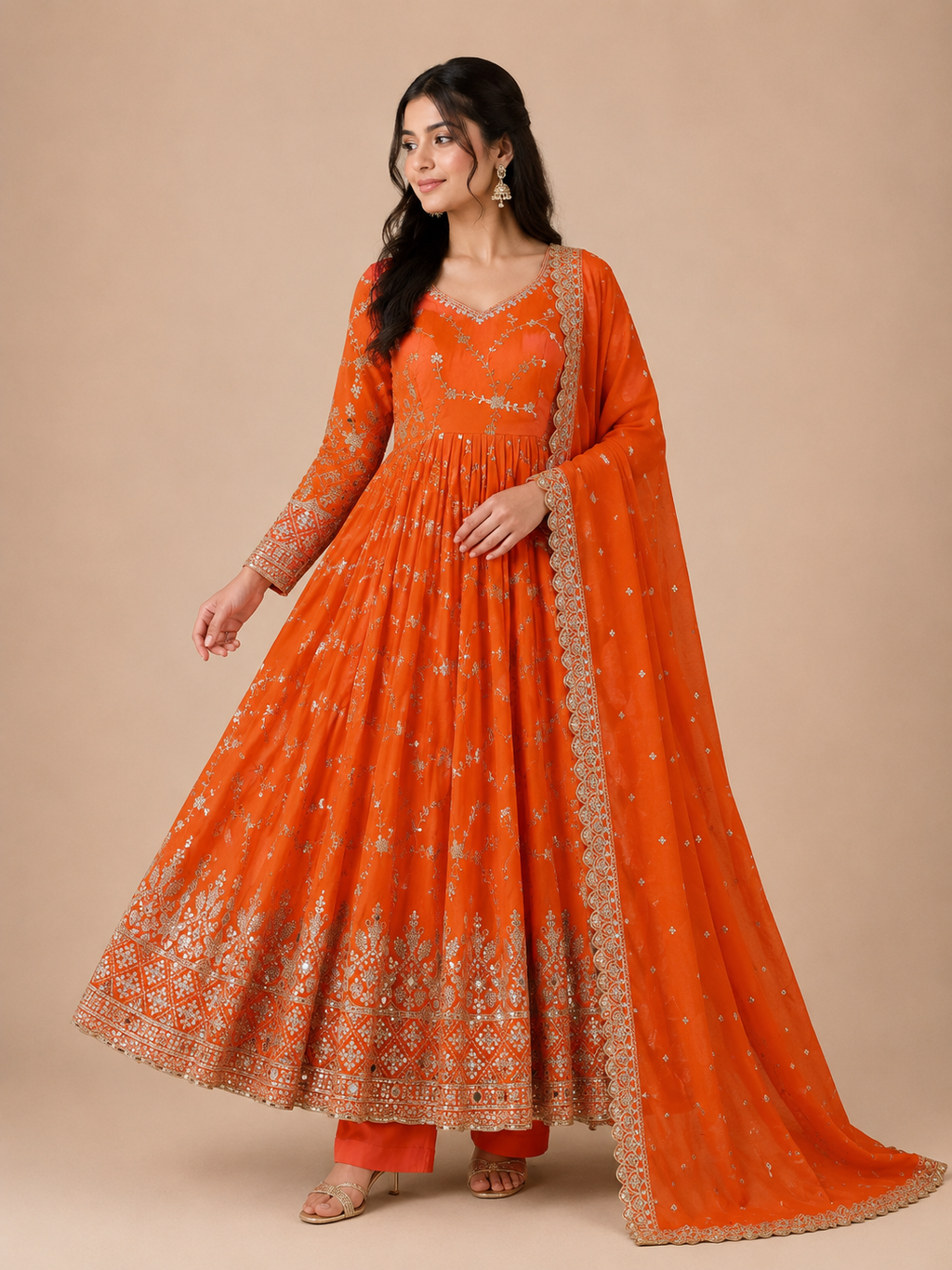 Women's Premium Heavy Chinon Silk Embroidered Anarkali Gown Set with Pant & Dupatta