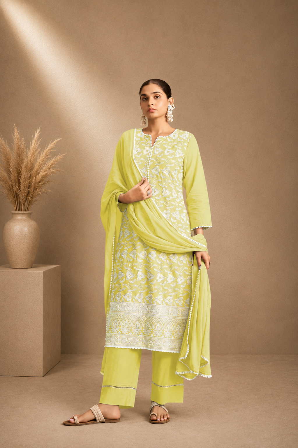 Pure Cotton Schiffli Embroidered Straight Kurta Set with Chiffon Dupatta & Inner