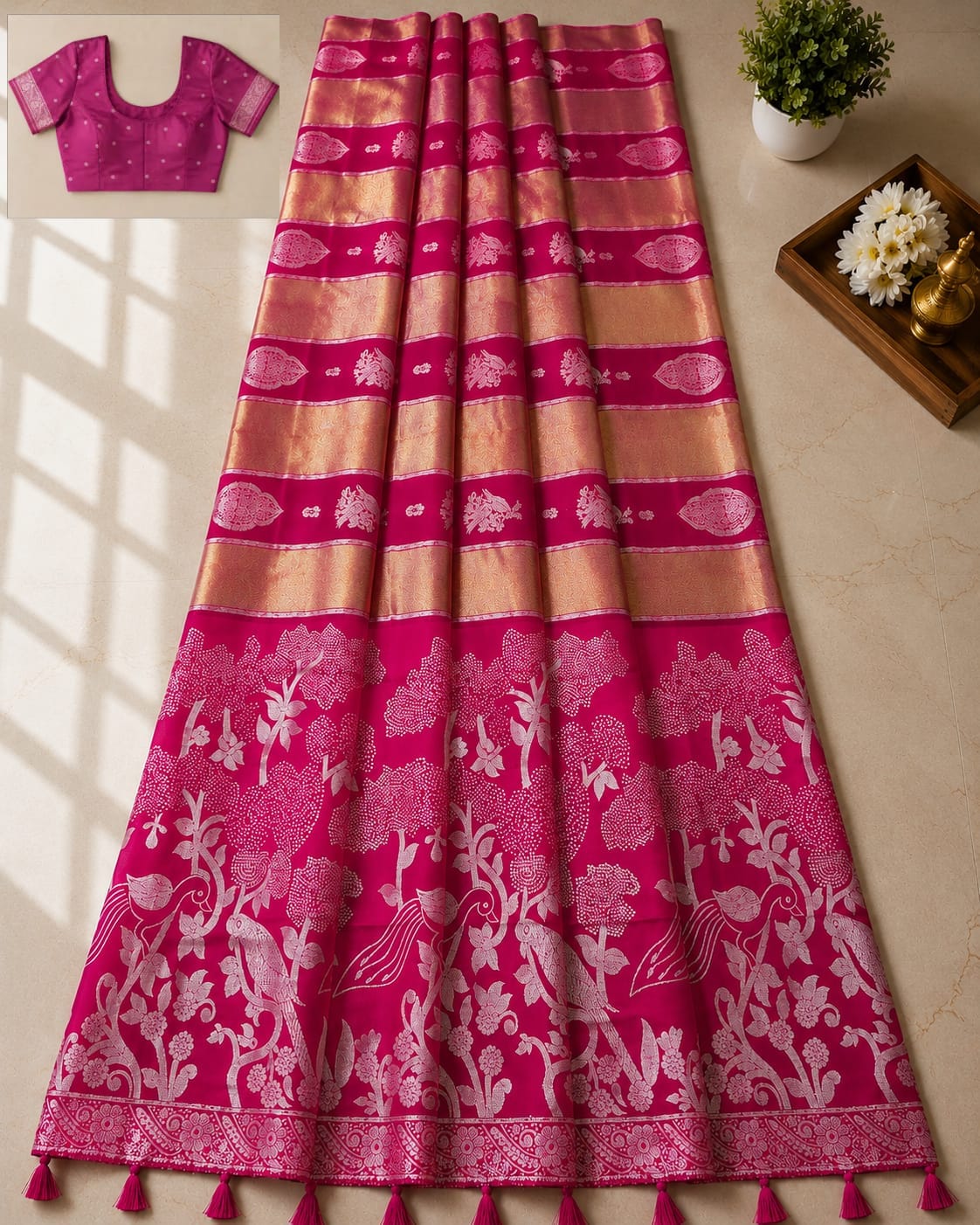 Kriti Soft Kanjivaram Silk Saree with Rich Zari Border & Tassels