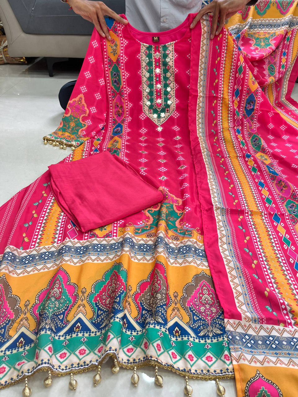 Pink Pure Chinon Anarkali Kurta Set with Hand Mirror Work & Chiffon Dupatta