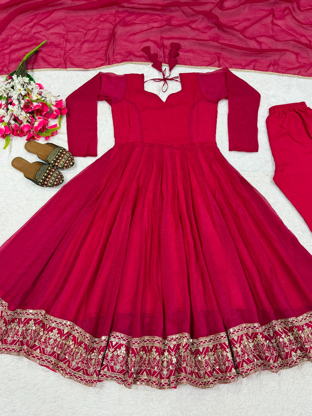 Designer Heavy Crunchy Silk Anarkali Gown Set with Embroidered Dupatta – Ready to Wear