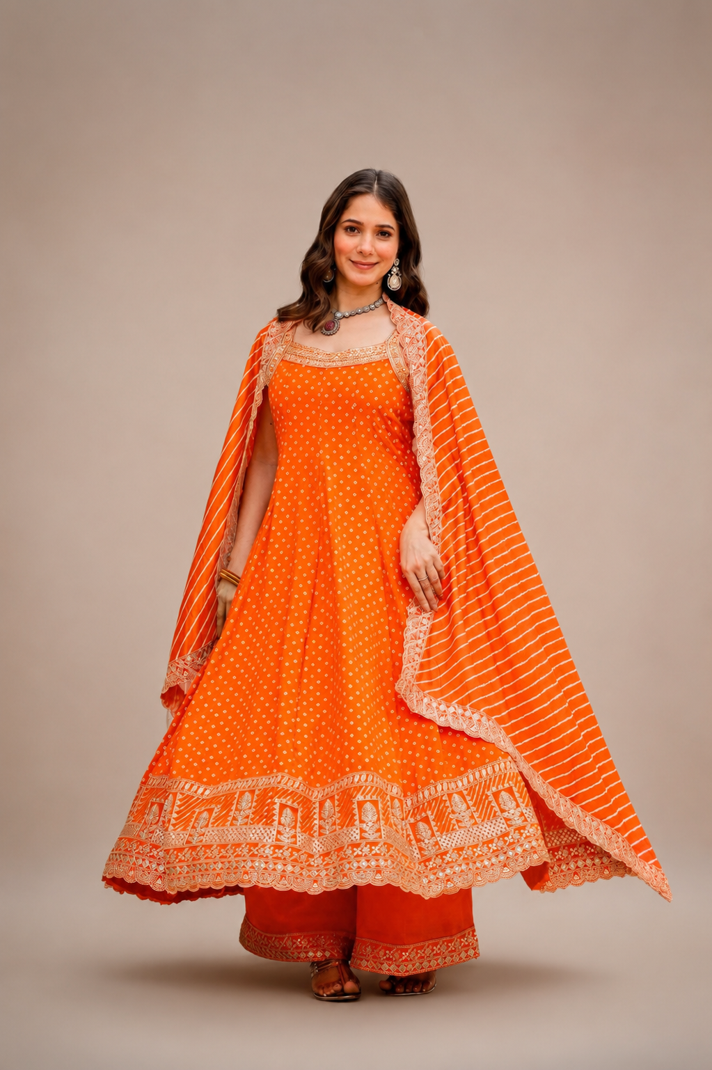 Rakshabandhan Special Bandhani Vichitra Silk Anarkali Gown with Palazzo & Leheriya Dupatta
