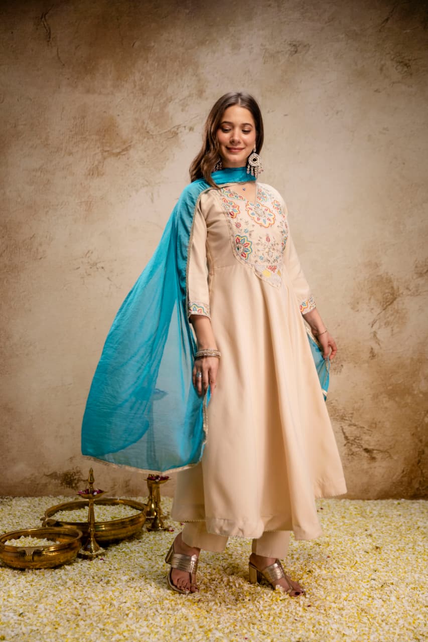 Chanderi Embroidered Anarkali Kurta Set