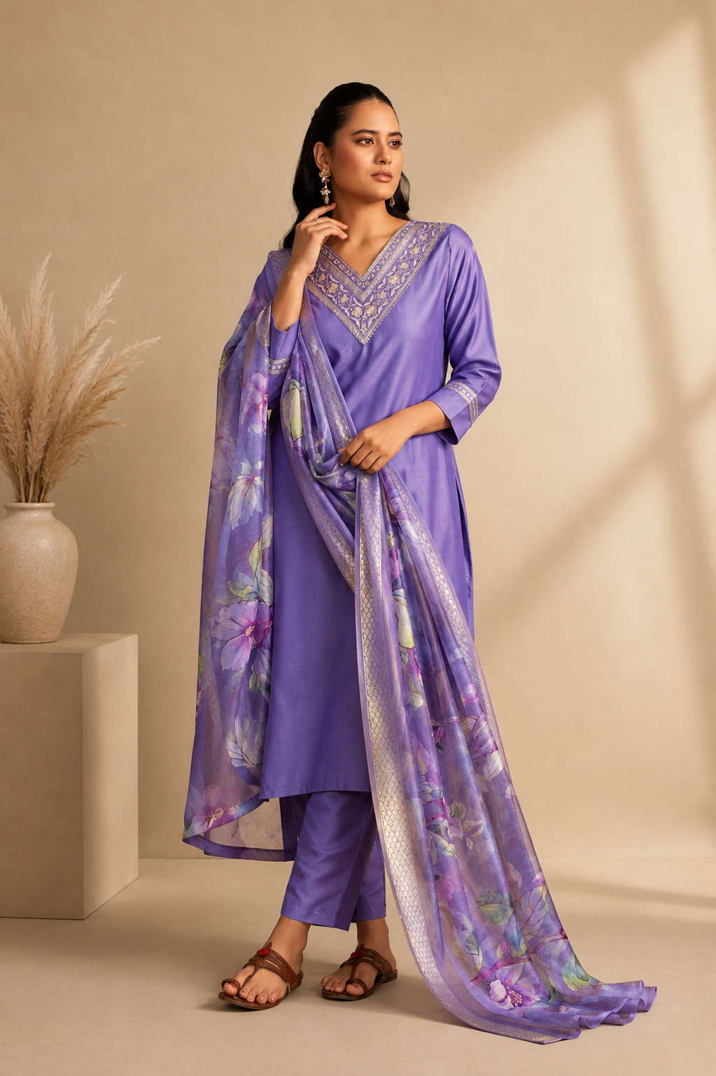 Cotton Blend Embroidered Straight Kurta with Pant & Organza Jacquard Printed Dupatta