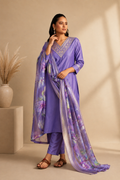 Cotton Blend Embroidered Straight Kurta with Pant & Organza Jacquard Printed Dupatta