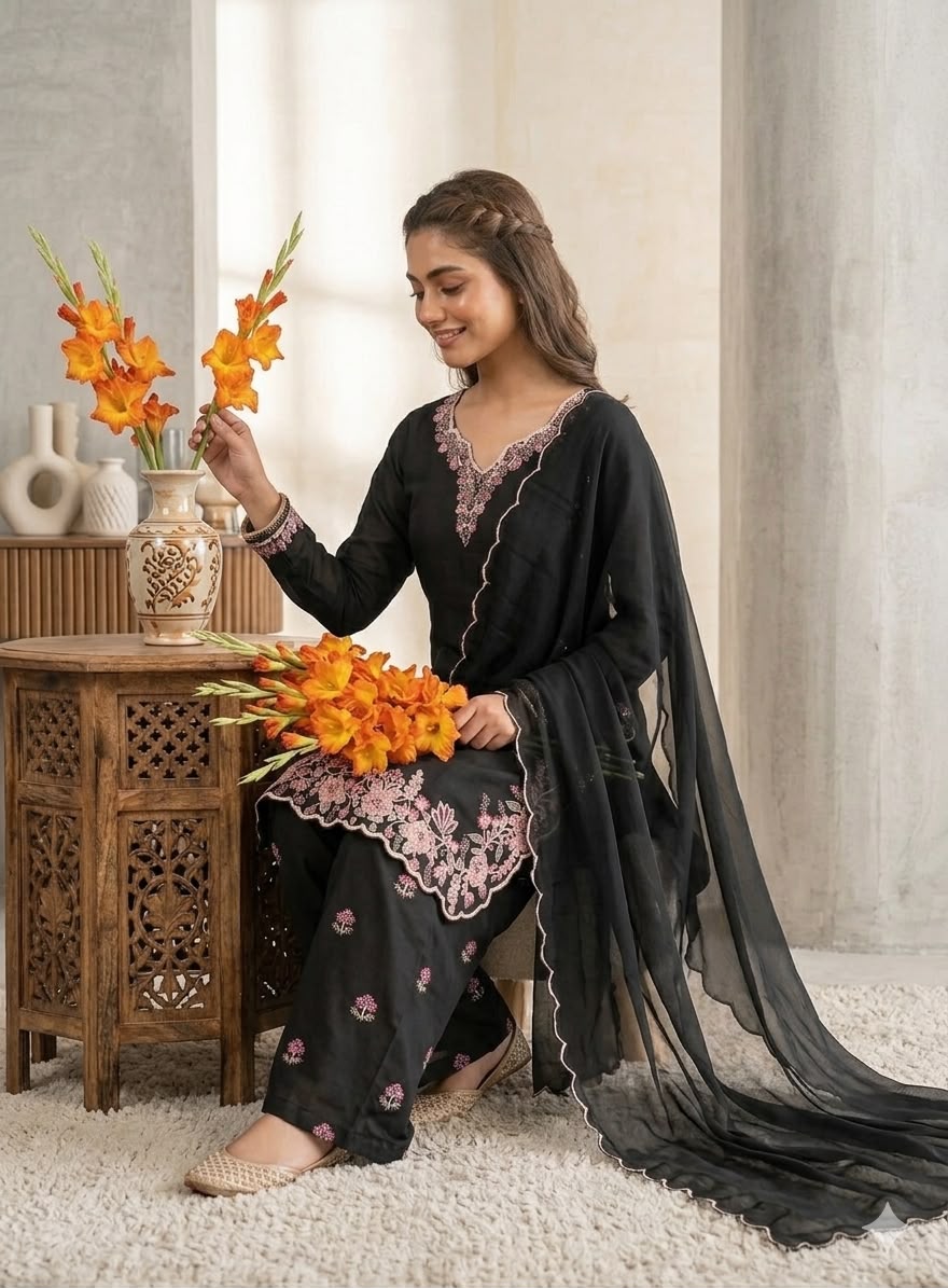Woman in traditional black outfit holding orange flowers indoors
