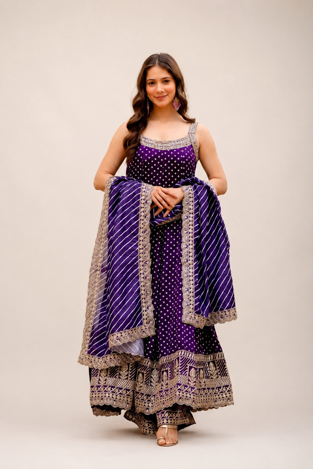 Rakshabandhan Special Bandhani Vichitra Silk Anarkali Gown with Palazzo & Leheriya Dupatta