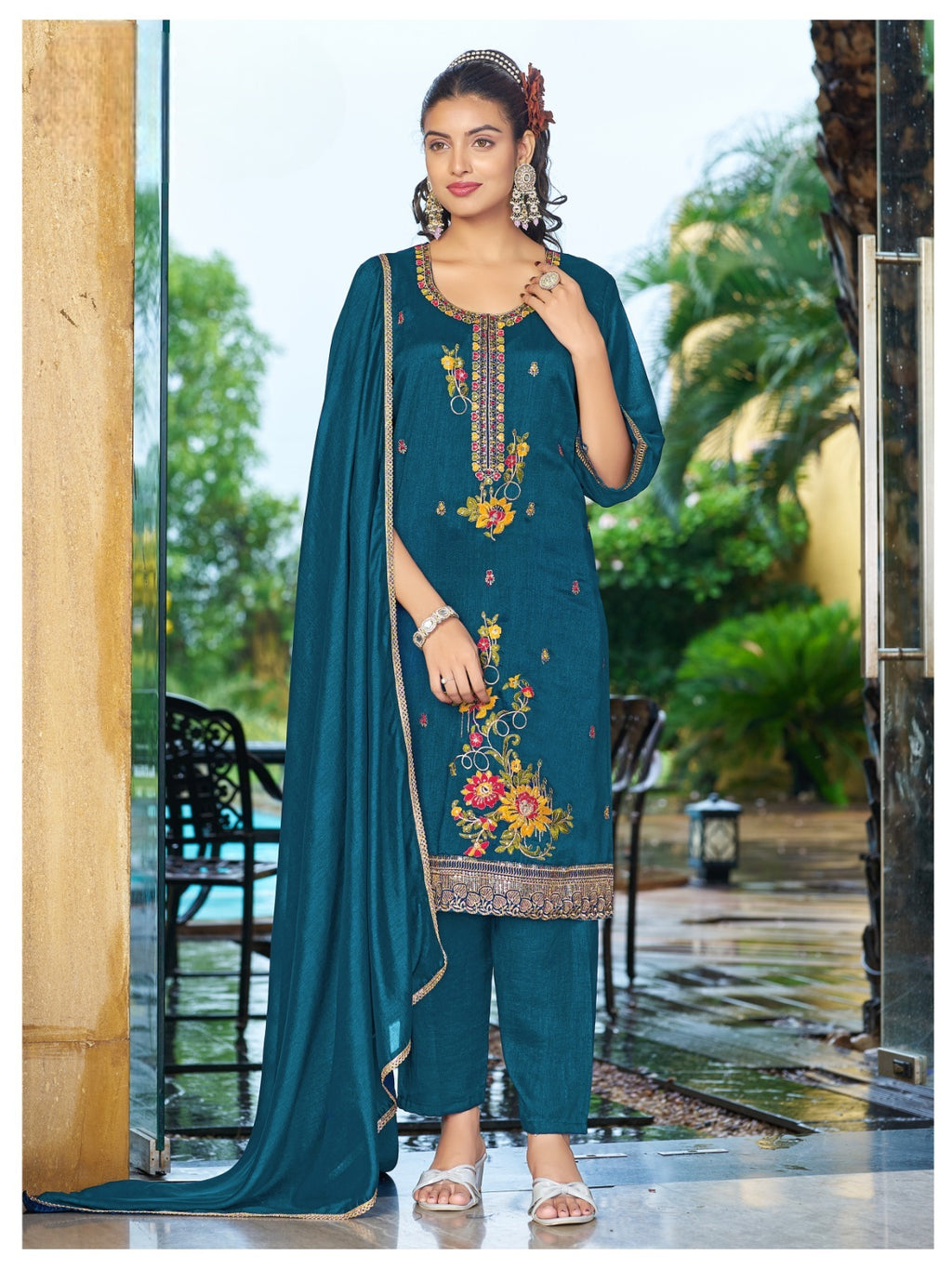 Premium Blooming Vichitra Silk Embroidered Kurti Pant & Dupatta Set