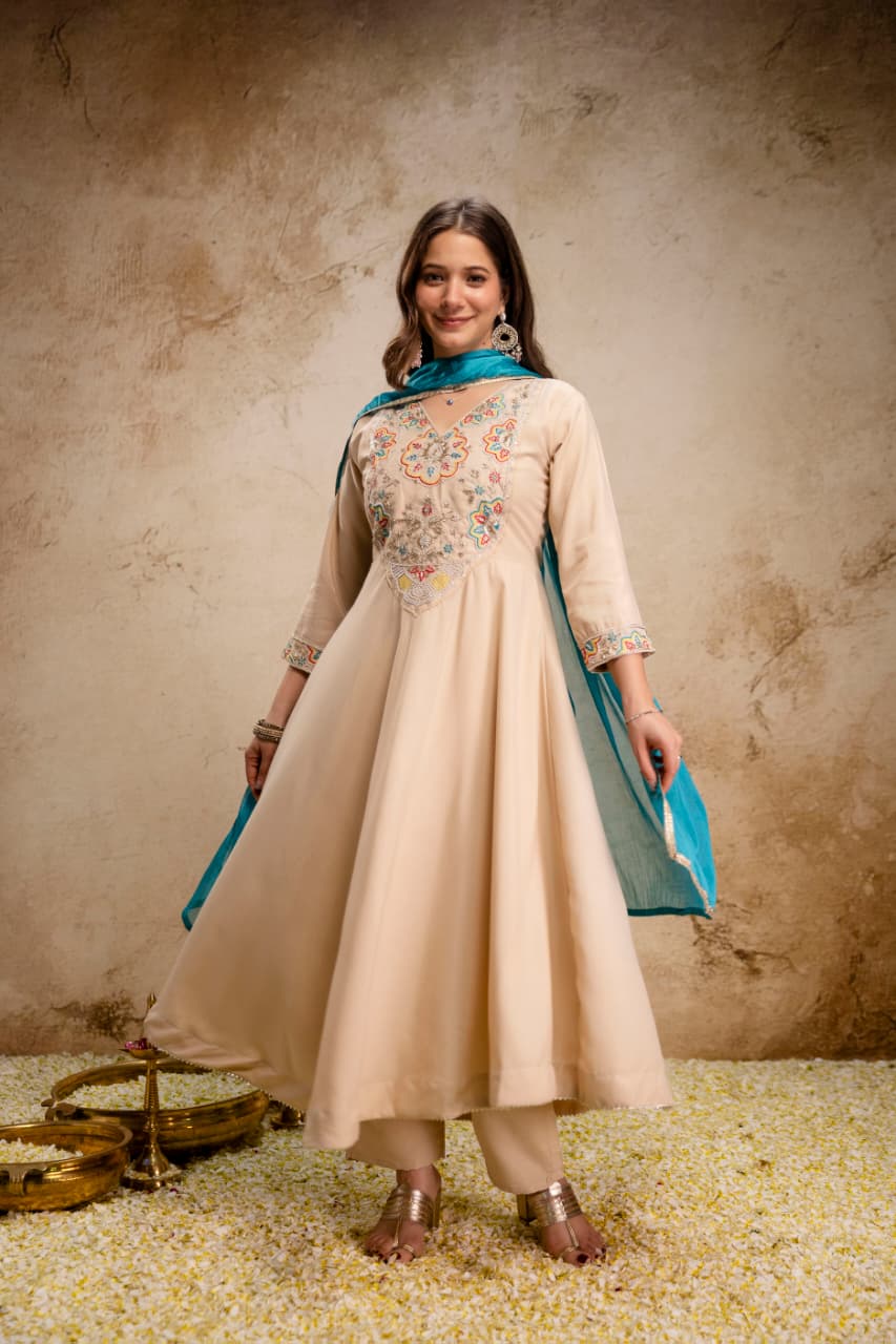 Chanderi Embroidered Anarkali Kurta Set